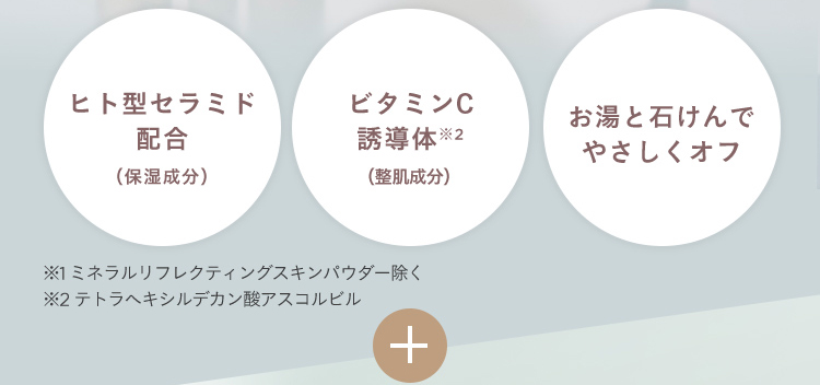 ヒト型セラミド 配合（保湿成分）ビタミンC 誘導体※2 （整肌成分） お湯と石けんで やさしくオフ ※1 ミネラルリフレクティングスキンパウダー除く  ※2 テトラへキシルデカン酸アスコルビル +