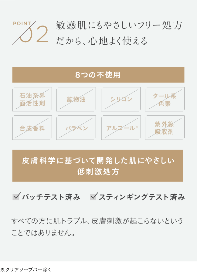 POINT02 敏感肌にもやさしいフリー処方 だから、心地よく使える 8つの不使用 石油系界 面活性剤 鉱物油 シリコン タール系 色素 合成香料 パラベン アルコール※ 紫外線 吸収剤 皮膚科学に基づいて開発した肌にやさしい 低刺激処方 パッチテスト済み スティンギングテスト済み すべての方に肌トラブル、皮膚刺激が起こらないという ことではありません。