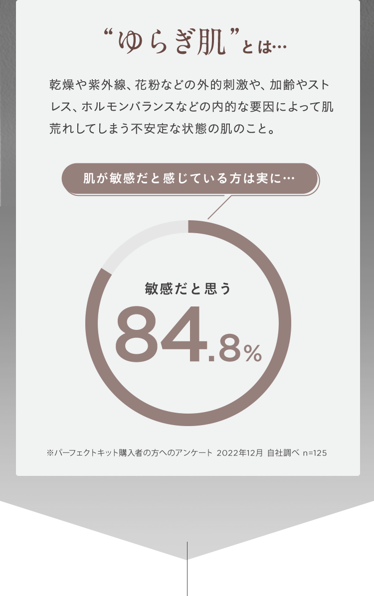 ゆらぎ肌とは 乾燥や紫外線、花粉などの外的刺激や、加齢やストレス、ホルモンバランスなどの内的な要因によって肌荒れしてしまう不安定な状態の肌のこと。 肌が敏感だと感じている方は実に 敏感だと思う 84.8% ※パーフェクトキット購入者の方へのアンケート 2022年12月 自社調べ n=125