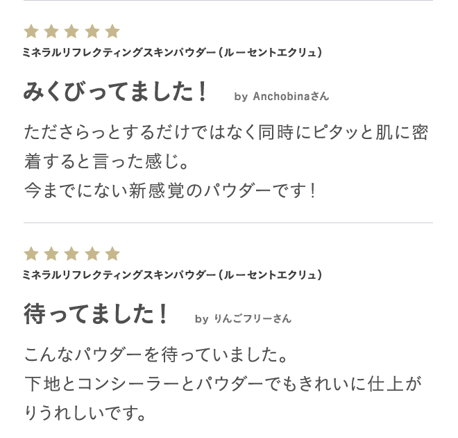 ミネラルリフレクティングスキンパウダー(ルーセントエクリュ) みくびってました! by Anchobinaさん たださらっとするだけではなく同時にピタッと肌に密着すると言った感じ。今までにない新感覚のパウダーです! ミネラルリフレクティングスキンパウダー(ルーセントエクリュ) 待ってました! by りんごフリーさん こんなパウダーを待っていました。下地とコンシーラーとパウダーでもきれいに仕上がりうれしいです。
