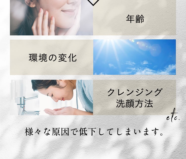 年齢／環境の変化／クレンジング洗顔方法 etc　様々な原因で低下してしまいます。