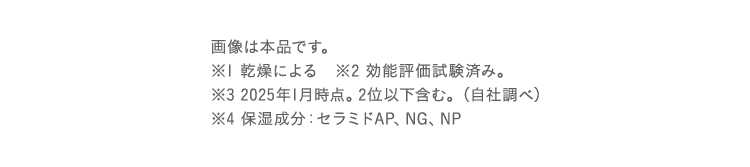 画像は本品です。 ※1 感想による ※2 効能評価試験済み。 ※3 2025年1月時点。2位以下含む。（自社調べ） ※4 保湿成分：セラミドAP、NG、NP