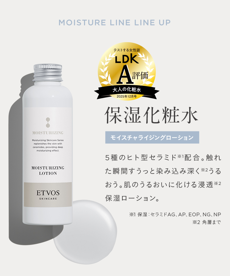 MOISTURE LINE LINE UP LDK A評価 保湿化粧水 モイスチャライジングローション 5種のヒト型セラミド※1配合。触れた瞬間すうっと染み込み深く※2うるおう。肌のうるおいに化ける浸透※2保湿ローション。 ※1 保湿:セラミドAG、AP、EOP、NG、NP ※2 角層まで