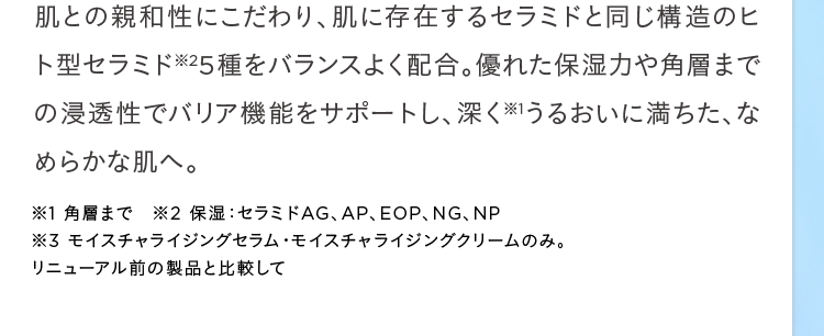 肌との親和性にこだわり、肌に存在するセラミドと同じ構造のヒト型セラミド※2 5種をバランスよく配合。優れた保湿力や角層までの浸透性でバリア機能をサポートし、深く※1うるおいに満ちた、なめらかな肌へ。※1 角層まで ※2 保湿:セラミドAG、AP、EOP、NG、NP ※3 モイスチャライジングセラム・モイスチャライジングクリームのみ。リニューアル前の製品と比較して