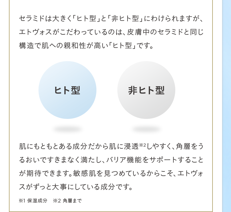 セラミドは大きく「ヒト型」と「非ヒト型」にわけられますが、エトヴォスがこだわっているのは、皮膚中のセラミドと同じ構造で肌への親和性が高い「ヒト型｣です。ヒト型 非ヒト型 肌にもともとある成分だから肌に浸透※2しやすく、角層をうるおいですきまなく満たし、バリア機能をサポートすることが期待できます。敏感肌を見つめているからこそ、エトヴォスがずっと大事にしている成分です。※1 保湿成分 ※2 角層まで
