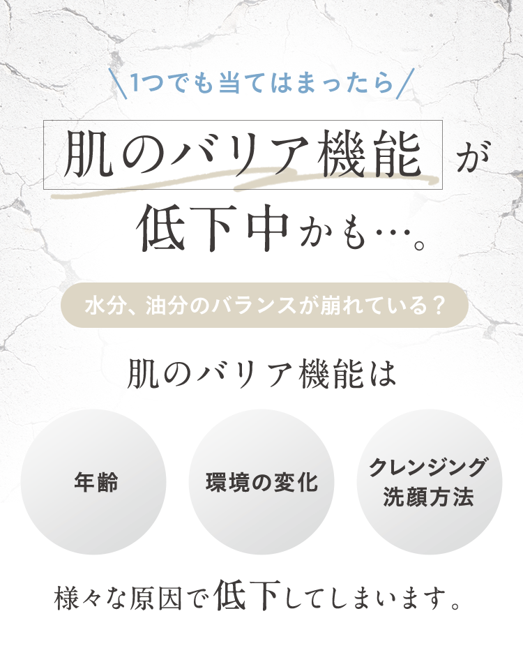 1つでも当てはまったら肌のバリア機能が低下中かも。水分、油分のバランスが崩れている? 肌のバリア機能は年齢 環境の変化 クレンジング洗顔方法 様々な原因で低下してしまいます。