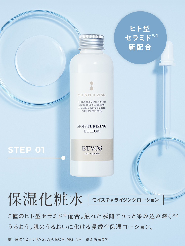 ヒト型セラミド※1新配合 step01 保湿化粧水 モイスチャライジングローション 5種のヒト型セラミド※1配合。触れた瞬間すうっと染み込み深く※2うるおい。肌のうるおいに化ける浸透※2保湿ローション。※1 保湿:セラミドAG、AP、EOP、NG、NP ※2 角質まで
