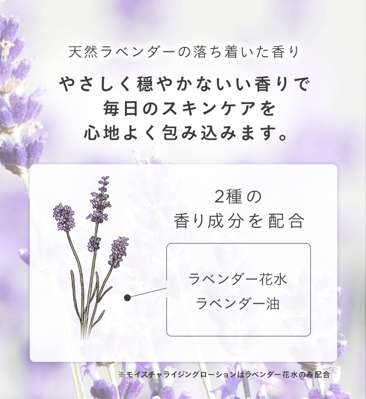 天然ラベンダーの落ち着いた香り やさしく穏やかないい香りで毎日のスキンケアを心地よく包み込みます。 2種の香り成分を配合 ラベンダー花水 ラベンダー油 ※モイスチャライジングローションはラベンダー花水のみ配合