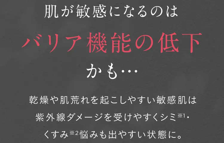 肌が敏感になるのはバリア機能の低下かも... 乾燥や肌荒れを起こしやすい敏感肌は紫外線ダメージを受けやすくシミ※1・くすみ※2悩みも出やすい状態に。