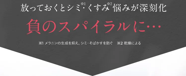 放っておくとシミ※1・くすみ※2悩みが深刻化負のスパイラルに... ※1 メラニンの生成を抑え、シミ・そばかすを防ぐ ※2 乾燥による