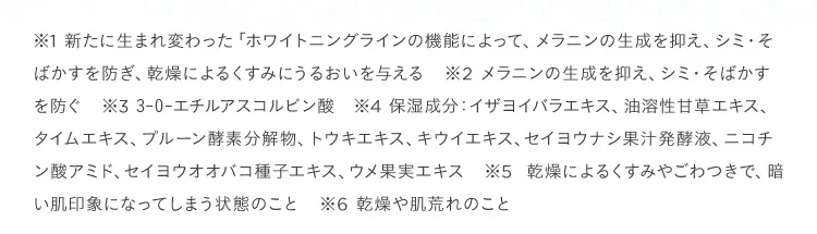 ※1 新たに生まれ変わった「ホワイトニングラインの機能によって、メラニンの生成を抑え、シミ・そばかすを防ぎ、乾燥によるくすみにうるおいを与える ※2 メラニンの生成を抑え、シミ・そばかすを防ぐ ※3 3-0-エチルアスコルビン酸 ※4 保湿成分:イザヨイバラエキス、油溶性甘草エキス、タイムエキス、プルーン酵素分解物、トウキエキス、キウイエキス、セイヨウナシ果汁発酵液、ニコチン酸アミド、セイヨウオオバコ種子エキス、ウメ果実エキス ※5  乾燥によるくすみやごわつきで、暗い肌印象になってしまう状態のこと ※6 乾燥や肌荒れのこと