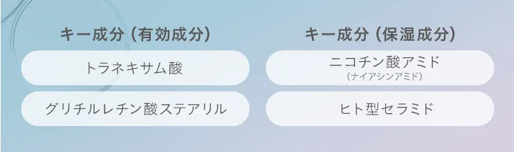 キー成分(有効成分) トラネキサム酸 グリチルレチン酸ステアリル キー成分(保湿成分) ニコチン酸アミド(ナイアシンアミド) ヒト型セラミド