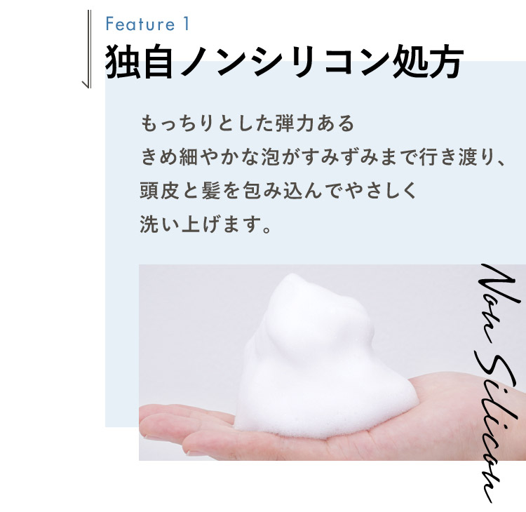 独自ノンシリコン処方 もっちりとした弾力あるきめ細やかな泡がすみずみまで行き渡り、頭皮と髪を包み込んでやさしく洗い上げます。