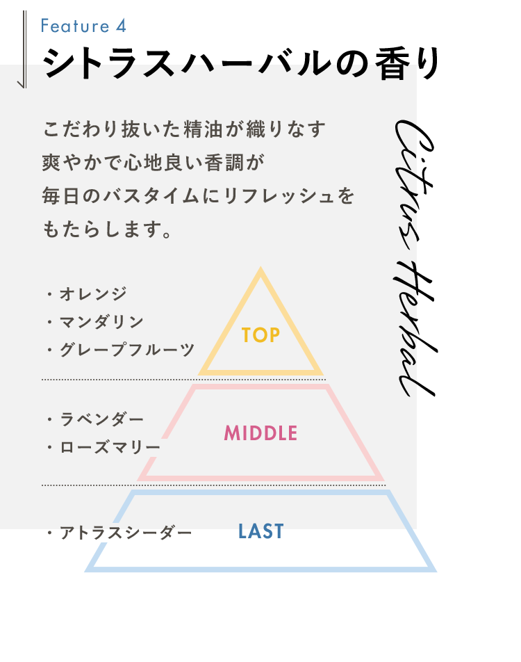 シトラスハーバルの香り こだわり抜いた精油が織りなす爽やかで心地良い香調が毎日のバスタイムにリフレッシュをもたらします。