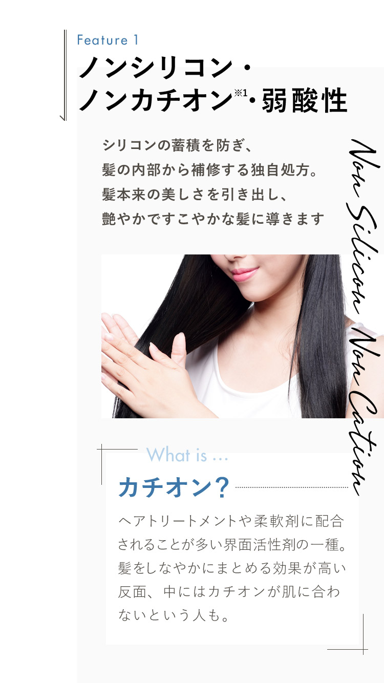 ノンシリコン・ノンカチオン・弱酸性 シリコンの蓄積を防ぎ、髪の内部から補修する独自処方。髪本来の美しさを引き出し、艶やかですこやかな髪に導きます