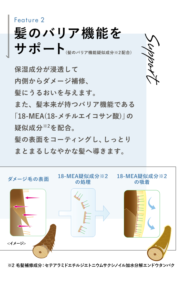 髪のバリア機能をサポート 保湿成分が浸透して内側からダメージ補修、髪にうるおいを与えます。また、髪本来が持つバリア機能である「18-MEA(18-メチルエイコサン酸)」の疑似成分※2を配合。髪の表面をコーティングし、しっとりまとまるしなやかな髪へ導きます。