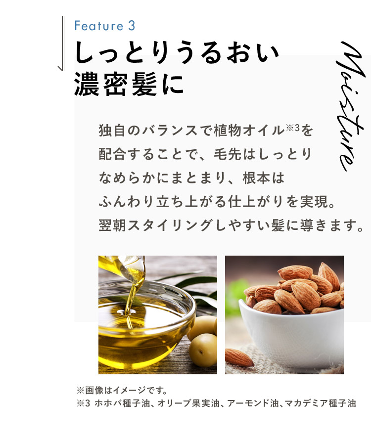 しっとりうるおい濃密髪に 独自のバランスで植物オイル※3を配合することで、毛先はしっとりなめらかにまとまり、根本はふんわり立ち上がる仕上がりを実現。翌朝スタイリングしやすい髪に導きます。