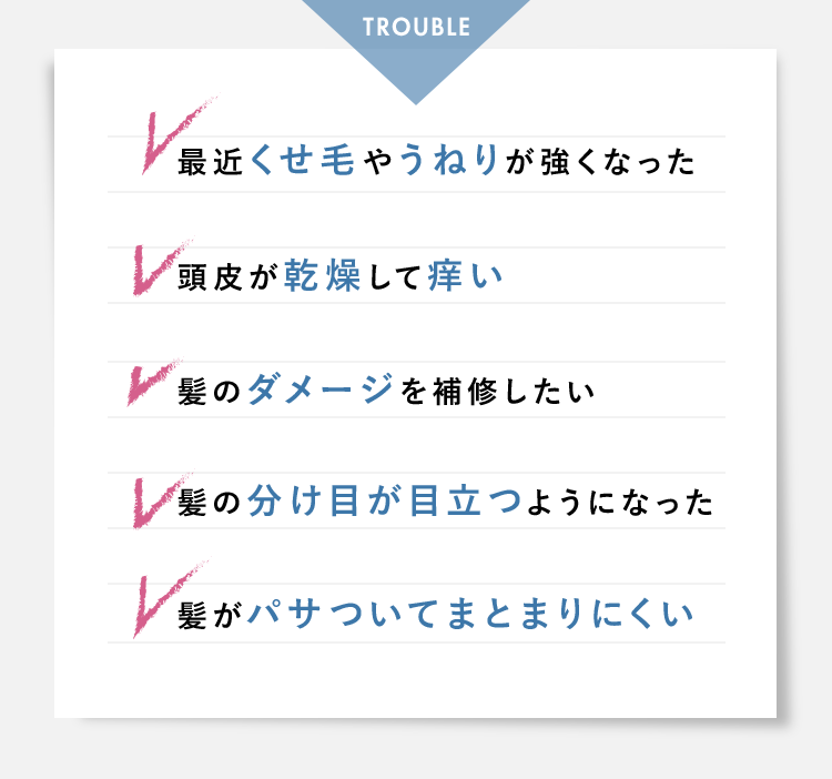 最近くせ毛やうねりが強くなった 頭皮が乾燥して痒い 髪のダメージを補修したい 髪の分け目が目立つようになった 髪がパサついてまとまりにくい